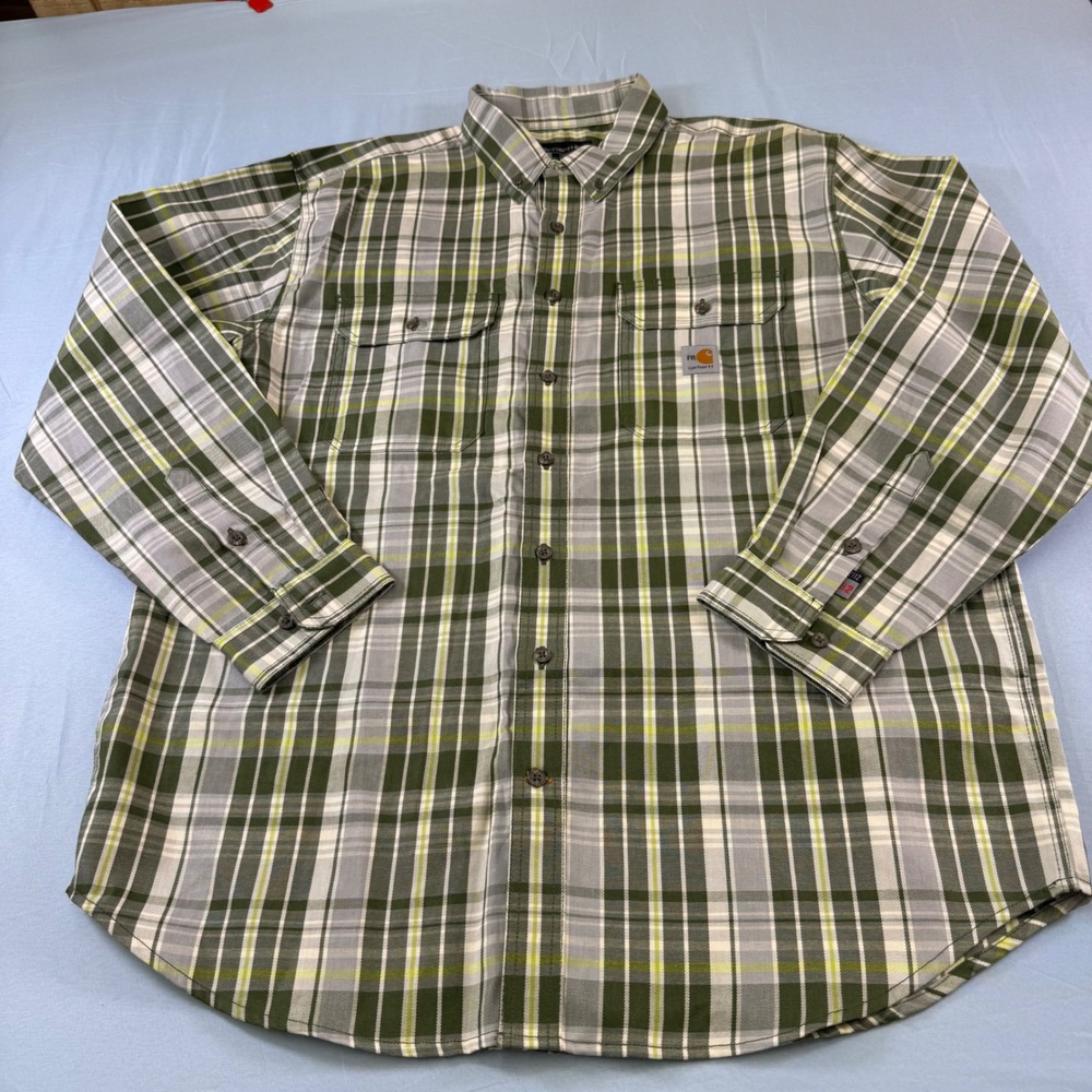Carhartt FR Flame Resistant Plaid Shirt Mens XL Green Grey Loose Fit NFPA 2113